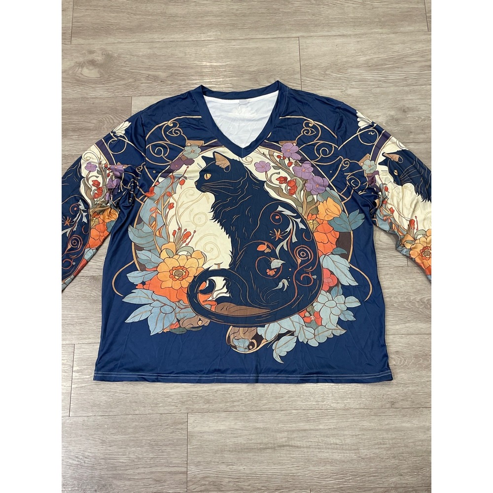 Womens Floral Top Cat Graphic Cottagecore Whimsical Lightweight 3XL Long Sleeve